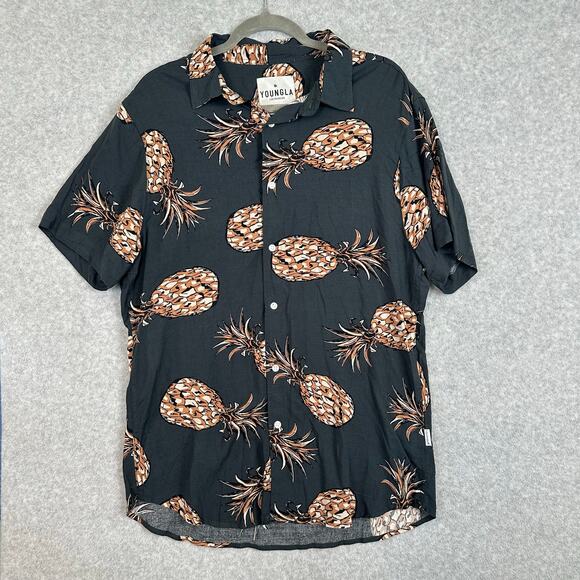 YOUNGLA Pineapple Button Up Shirt Men's Size Large Short Sleeve Tropical Fruit - Picture 1 of 8